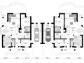 Plan architektoniczny bliźniaków z garażami, tarasami i podcieniami.