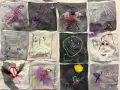 En bilduppgift vår med broderade figurer: insekter, fåglar, ansikten och abstrakta former på tygbitar.