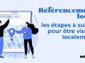 Illustration de deux personnes interagissant avec une carte sur un écran, symbolisant le référencement local Google My Business et les étapes pour être visible localement.