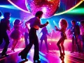 Une boule disco illumine une piste de danse où des couples dansent au rythme de la musique, évoquant l'ambiance festive de l'année disco.