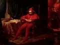 Smutny błazen w czerwonym stroju siedzi na krześle. To jedno z wielu poruszających jan matejko obrazy, ukazujące ludzkie emocje.