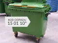 Zielony kontener na odpady z oznaczeniem KOD ODPADU 15 01 10*.