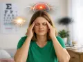 Donna con mani sulle tempie, soffre di forte stress e disturbi della vista. Il cervello è illuminato da fulmini e luci intense.