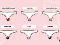 Ilustracja pokazuje bieliznę z różnymi kolorami plam, od ciemnoczerwonej po czarną krew okresową, symbolizując różne odcienie krwawienia.
