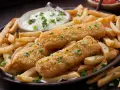 Knusprige Fischstäbchen mit Pommes und Dip. Perfekt paniert ohne Ei, garniert mit Petersilie. Ein Genuss für Groß und Klein.