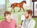 Un homme discute avec un vétérinaire, préoccupé par un jarret cheval gonflé. Le cheval galope dans un paysage champêtre en arrière-plan.