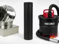 A stainless steel chimney cap, a black stove pipe, and a black ash vacuum with red accents and flame graphics.