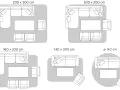Diverse misure tappeti per arredare il soggiorno: da 200x300 cm a Ø 140 cm, con diverse configurazioni di divani e poltrone.
