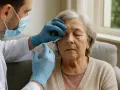 Medico con guanti esegue iniezioni intravitreali a un'anziana. Valutare attentamente le iniezioni intravitreali controindicazioni prima del trattamento.