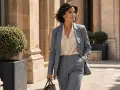 Donna elegante con tailleur grigio, camicetta color crema e borsa marrone, perfetta per il dress code ufficio.
