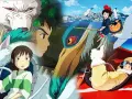 Collage di film di Studio Ghibli: Chihiro con Haku, San e il lupo, Kiki con Jiji e Porco Rosso in aereo.