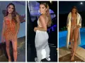 Trzy ujęcia pięknej kobiety w różnych stylizacjach. Na pierwszym, w błyszczącej, pomarańczowej sukience, na drugim w białym, dzianinowym komplecie, a na trzecim w bikini przy basenie. To z pewnością key alves.