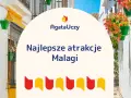 Malaga atrakcje dla dzieci: białe uliczki z kwiatami w doniczkach, logo AgataUczy i kolorowe kształty.