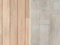 Dos muestras de suelo laminado biselado. A la izquierda, lamas de madera clara con vetas marcadas. A la derecha, lamas de madera desgastada en tono beige.