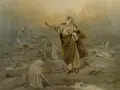 Biblijny prorok wznosi rękę nad polem śmierci, gdzie leżą nagie ciała i szkielety.