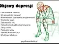 Postać skulona w geście rozpaczy, odczuwająca głęboki smutek. Obok lista objawów depresji, m.in. utrata zainteresowań, zmęczenie, myśli samobójcze.