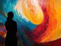Silueta de una persona contemplando una obra de abstracción lírica, con vibrantes remolinos de azul, rojo y amarillo.