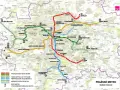 Mapa pražského metra, ukazující trasy A, B, C a D, včetně budovaných a plánovaných úseků.