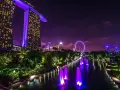 Nocny Singapur z Marina Bay Sands, diabelskim młynem i świetlistymi drzewami. Marzenie o wizie do Singapuru staje się rzeczywistością.