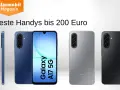 Vier Samsung Smartphones in Blau, Silber und Schwarz, davon eines mit Display.