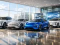 Vier elegante Elektroautos der Marke Zeekr stehen in einer hellen Halle. Ein blauer Sportwagen dominiert die Mitte.