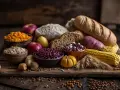 Różnorodne produkty bogate w węglowodany: chleb, zboża, fasola, kukurydza, ziemniaki, jabłka, dynia.