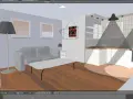 Projekt wnętrza w **blender aplikacja**: salon z aneksem kuchennym, widok z kamery, z zaznaczonymi światłami i elementami sceny.