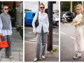 Tre donne sfoggiano un outfit elegante con sneakers donna: look casual chic con gilet grigio, camicia bianca e gonna in pizzo.