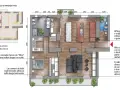 Planimetria di progetto per come dividere una casa di 150 mq: ingresso con bagno/guardaroba, cucina a vista, salotto con divano modulare.