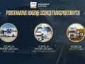 Trzy okręgi z pojazdami: autokary, ciężarówki z globusem i ciągniki siodłowe.