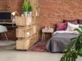 Soluzione d'arredo per un monolocale di 40 mq: libreria divisoria, scrivania, letto accogliente e piante verdi creano uno spazio funzionale e di stile.