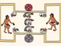Jugadores de **deporte azteca pelota** en un juego ritual, con cabezas de serpiente y discos decorativos.
