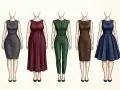 Siluetas de mujer con diferentes tipos de cuerpo, incluyendo un cuerpo reloj de arena gorditas, vestidas con trajes y vestidos.