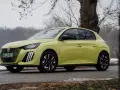 Żółty Peugeot e-208 stoi na tle drzew i zimowego krajobrazu.