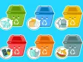 Jak narysować kosz na śmieci? Sześć kolorowych, uśmiechniętych koszy na śmieci z symbolami recyklingu i przykładami odpadów.