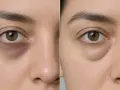 Comparación de ojos: antes con ojeras oscuras y bolsas, después con piel más lisa y clara. Muestra cómo tratar porque salen ojeras.