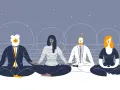 Four people in business attire meditate under a starry sky, finding peace and living a quiet life.