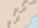 Un dibujo de huellas de pies en la arena, que se adentran en el mar azul.