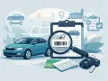 Blauer Skoda mit Lupe auf Barcode-Etikett, Schlüssel und Dokumente. Prüfen der pr nummer skoda für Qualität.