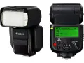 Deux flashs Canon, l'un montrant la tête du flash et l'autre le panneau de contrôle avec l'indication "ETTL" et "utilisation flash cobra".