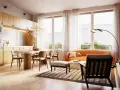 Nowoczesny salon z jadalnią i kuchnią, idealny do kursu wizualizacji architektonicznych. Jasne drewno, pomarańczowa sofa i designerska lampa.