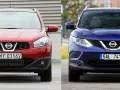Dwa samochody Nissan Qashqai J11: czerwony z przodu i niebieski z kierowcą w okularach.