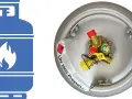 Byta gasolflaska stål till komposit? Bilden visar en blå gasolflaska-ikon och en närbild på ventilen på en kompositgasolflaska.