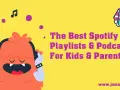 Pomarańczowy potworek słucha muzyki na słuchawkach. Odkryj najlepsze Spotify audiobooki dla dzieci i rodziców!