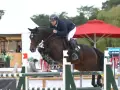 Cavalier et cheval sautant un obstacle lors des jeux équestres mondiaux.