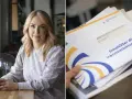Kvinna med blont hår sitter vid ett bord. Bredvid syns ett kuvert med texten "Innehåller din inkomstdeklaration". Kanske är det en bompeng norge-relaterad deklaration?