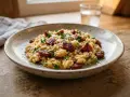 Risotto z chorizo i natką pietruszki na talerzu, z widokiem na okno.