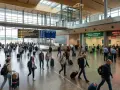 Ludzie z bagażami w hali przylotów lotniska, obok tablic informacyjnych i punktów "Goods to Declare". Zastanawiasz się, ile alkoholu można przewieźć samolotem do Norwegii?