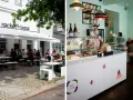 Außenbereich eines Restaurants in Berlin mit Gästen, innen ein Tresen mit einer Mitarbeiterin. Ein gemütliches persisches Restaurant Berlin.