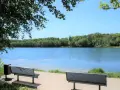 Zwei Bänke laden zum Verweilen am Ufer des halener Badesees ein. Bäume säumen das klare Wasser unter blauem Himmel.